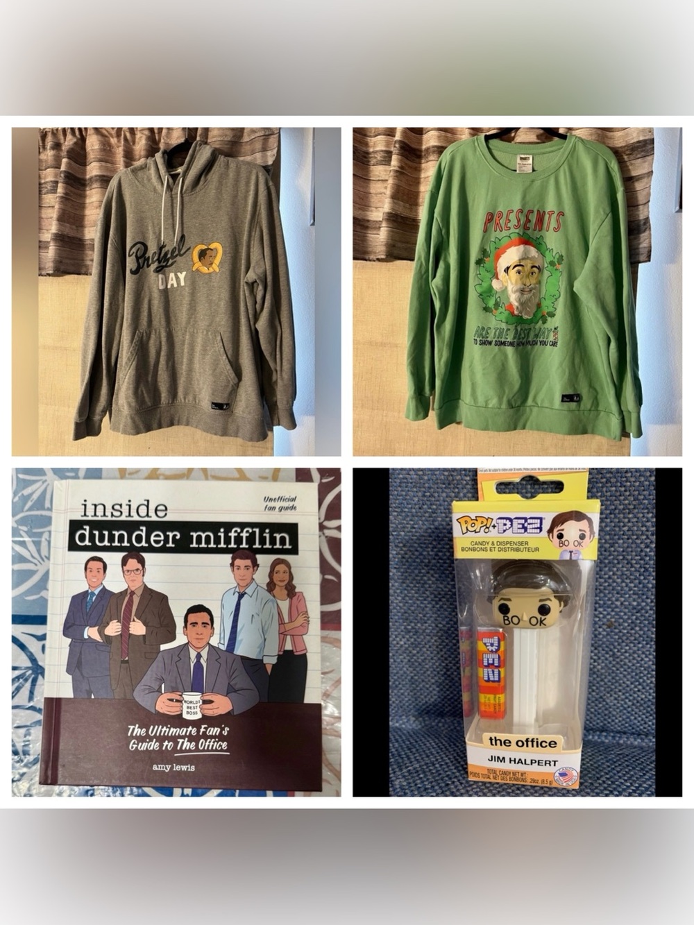 The Office Lot 4 Items- 2 Sweatshirts, Jim Funko POP Pez, Dunder Mifflin Book